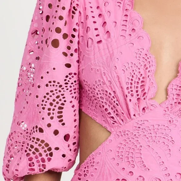 FARM Rio Pink Richelieu Midi Dress Eyelet Scallop Cutout Tuckernuck Sundress - Picture 7 of 9